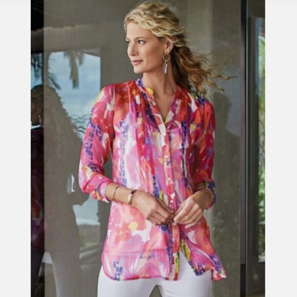 Soft Surroundings Sheer Multicolor Summer Festival Tunic Button Down Size L - Picture 1 of 16